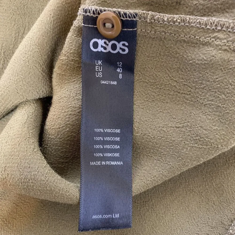 ASOS Womens Dress Olive Green Short Sleeve Tie Waist Button Front Size 8 - Picture 9 of 12